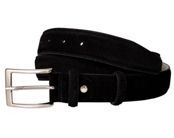 May include: A black suede belt featuring a silver-toned metal rectangular buckle with a single prong. The belt strap has a smooth texture and includes a matching suede keeper loop secured by a small silver-toned metal rivet near the buckle.