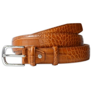 PASQUALE CUTARELLI Mens Crocodile Pattern Italian Leather Belt Chestnut Brown