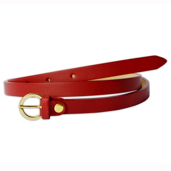 PASQUALE CUTARELLI Women Plain Dress Italian Slim Leather Belt with Golden Buckle Red-Lipstick