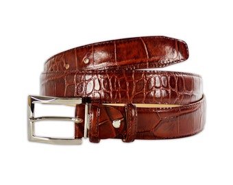 PASQUALE CUTARELLI Men's Crocodile Pattern Leather Belt – Made in Italy – Gift Boxed – Burgundy