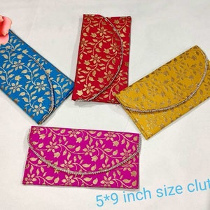 Indiase bruiloft envelop, premium ruwe zijde stof met gouden zari print geld gift enveloppen - multi kleuren / diverse kleuren pakket van 6