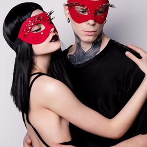 Spikes red unisex leather mask Red spiked mask Gothic leather face mask Festival leather mask Alternative fashion mask Cosplay red mask