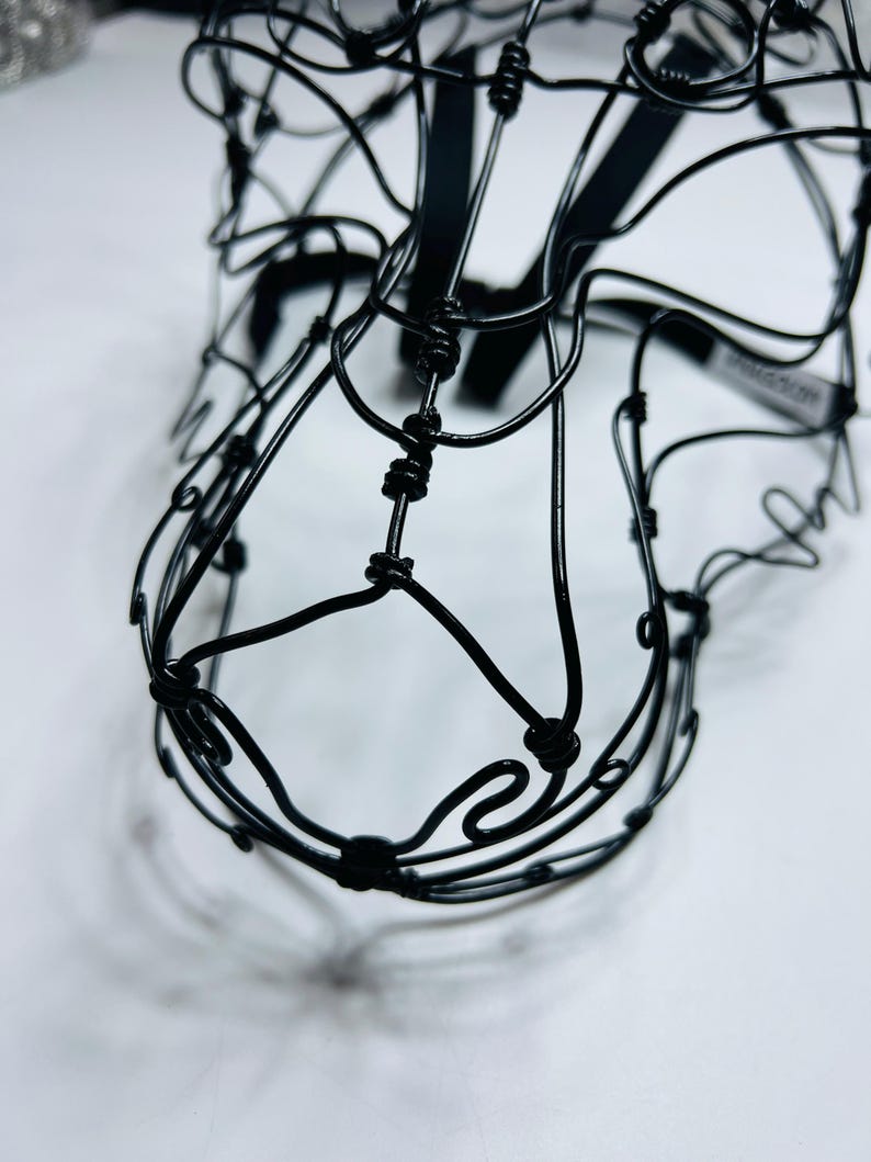 May include: A black wire sculpture of a horse's head, intricately crafted. The sculpture is made from thin, intertwined wires, forming a three-dimensional shape. The horse's head is set against a white background, emphasising the dark silhouette.