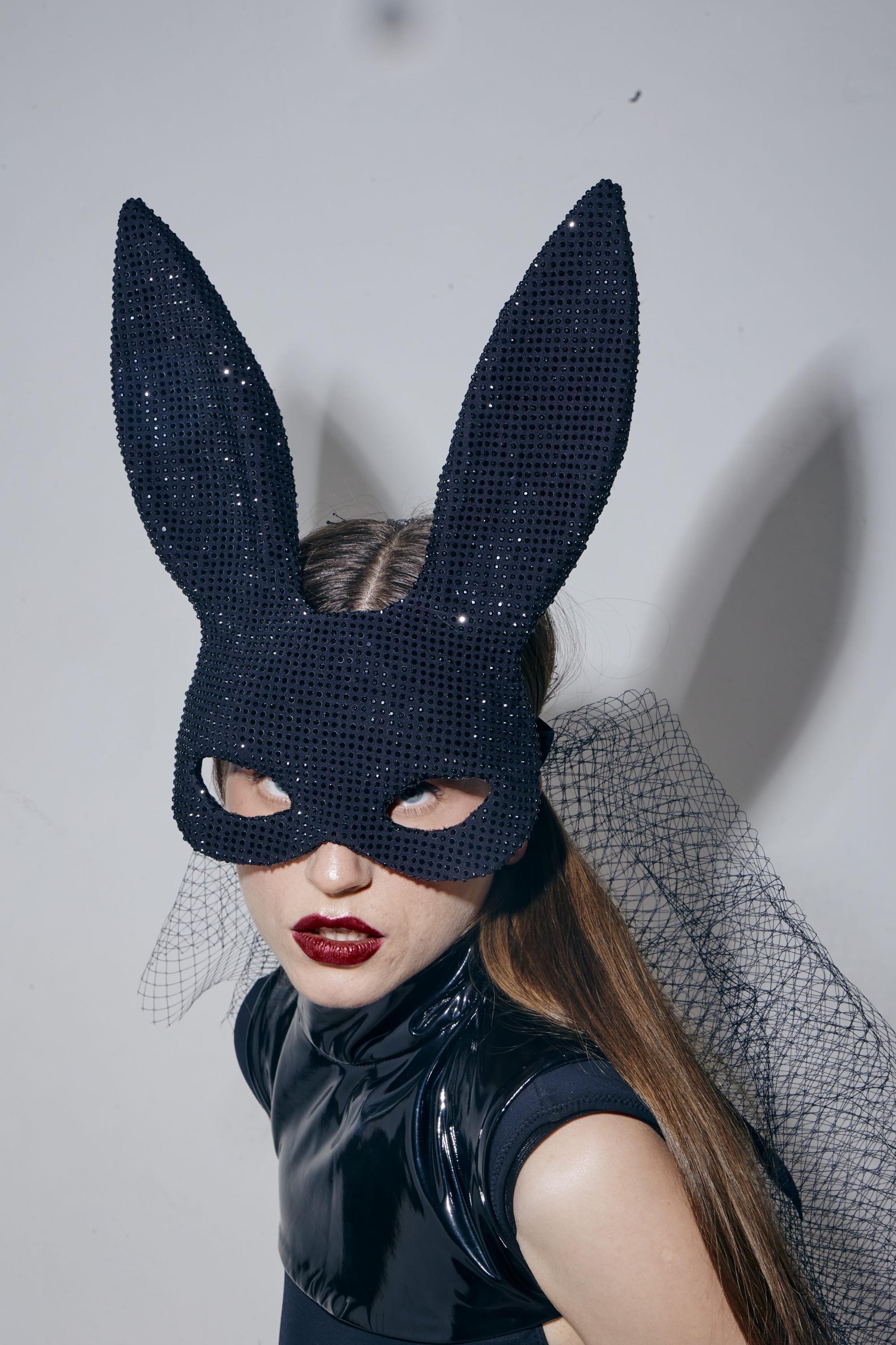 Beautiful Rabbit Mask Luxury Black Rhinestone Bunny Mask Sparkling Crystal Rabbit Ears With ...