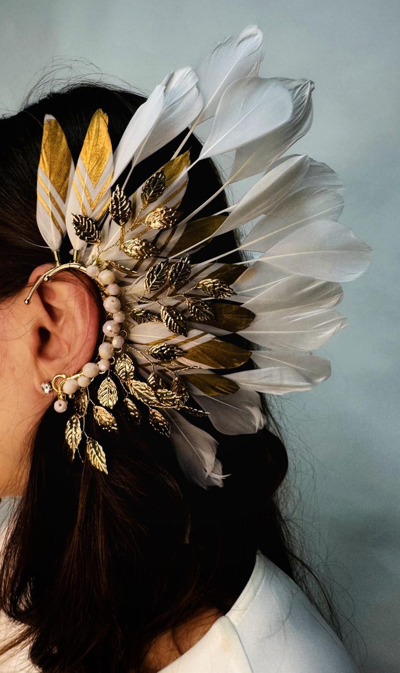 Avant-garde Feather Leaf Headband Ear Cuff: Golden Wings Angelic ...