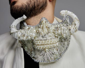 White Horned Beaded Mask Headpiece | Crystal Devil Horns Face Mask for Photoshoot, Masquerade, Avant-Garde Halloween Costume