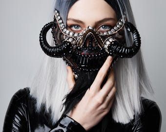 Black Beaded Demon Mask | Handmade Steampunk Lace Feather Headpiece for Halloween & Cosplay