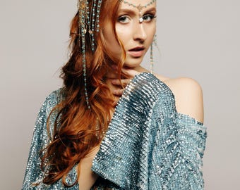 Mermaid Siren Crown with Turquoise Beads and Gold Wings | Fantasy Headpiece for Cosplay Festival and Photoshoot