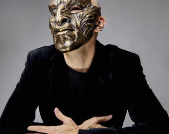 Handmade Dark Lord Demon Horns Face Cover Gold Black for Halloween Cosplay Masquerade Photoshoot