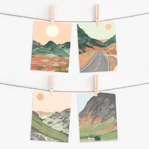 Lot de 4 cartes postales d'Ecosse, lot de 4 mini impressions d'Ecosse, illustrations de cartes d'Ecosse, cadeau de voyage