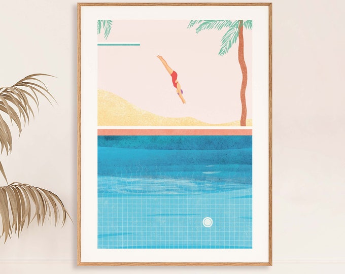Swimming Pool Print Swimmer Diving Wall Art Gift Swimming Poster for Retro Home Decor
