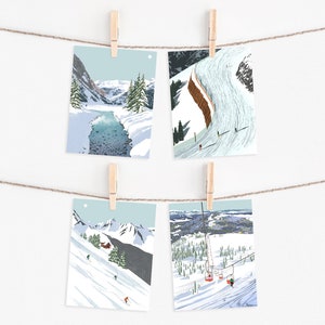 Ski Scene Greeting Card Set of 4 Ski Card Illustrated Travel Cards Skiing Gift