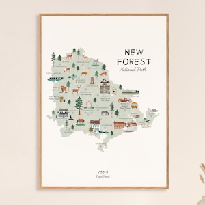 New Forest Karte Druck, illustrierte Nationalpark Karte, New Forest Hampshire Geschenk, Wand Kunst Poster