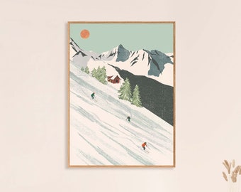 Affiche d'art de ski, station de ski, impression d'art mural, ski de France, cadeaux, tenture murale de ski, chambre de ski, décoration d'intérieur