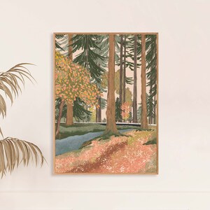 May include: A digital illustration depicting a forest scene with tall trees and a path winding through the woods. The trees are a mix of green and brown, and the path is covered in fallen leaves. The colours are muted and earthy, creating a tranquil and serene atmosphere.