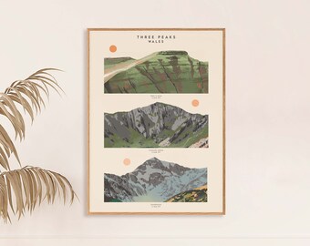 Puede incluir: Una ilustración minimalista de los Tres Picos de Gales. Los picos están representados en tonos de verde, gris y azul, con un sol de color melocotón en el fondo. El texto "THREE PEAKS WALES" está en la parte superior de la imagen.