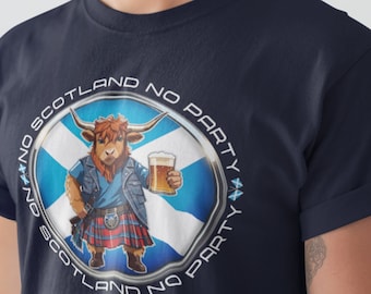 May include: A navy blue t-shirt with a circular graphic featuring a cartoon highland cow holding a beer. The graphic also includes the Scottish flag and the text "No Scotland No Party".