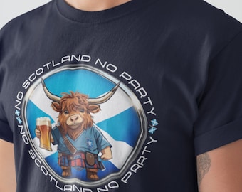 May include: A navy blue t-shirt with a circular graphic featuring a cartoon highland cow holding a beer. The graphic has the text "No Scotland No Party" repeated around the edge.