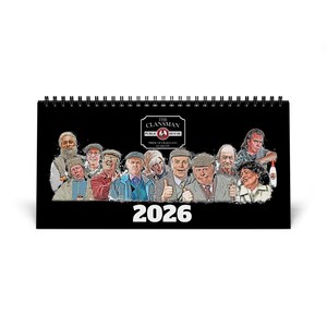 May include: A black spiral-bound calendar with a group of illustrated people. The calendar displays the year "2026" in white at the bottom. The top of the calendar has the text "The Clansman Public House" and a logo.