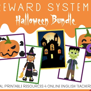May include: A set of four printable Halloween reward cards featuring a witch, a haunted house, a pumpkin with a donut, and a pumpkin with a grumpy face. The cards are designed for online English teachers and are labeled "Digital Printable Resources 4 Online English Teachers".