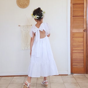 White Cotton Flower Girl Dress: Backless Boho Wedding