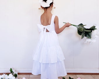 White Cotton Flower Girl Dress: Boho Toddler Dress with Bow