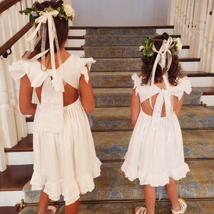 White Cotton Flower Girl Dress: Backless Flare Sleeve Handmade Dress