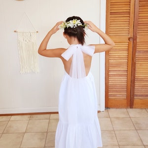 White Cotton Flower Girl Dress: Boho Beach Wedding Backless Dress