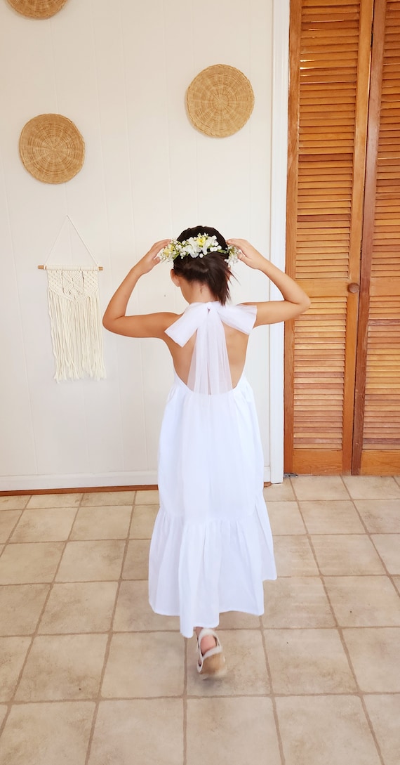 White Cotton Flower Girl Dress: Boho Beach Wedding Backless Dress White Cotton Flower Girl Dress: Boho Beach Wedding Backless Dress