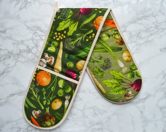 Oven Gloves, Double oven Gloves, British made, Vegetable design, Multicoloured Oven Gloves