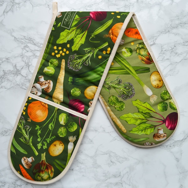 Oven Gloves, Double oven Gloves, British made, Vegetable design, Multicoloured Oven Gloves