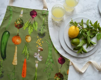 Apron, British Vegetables, Vegetable design, Veggie gift, Green apron, rows of vegetables