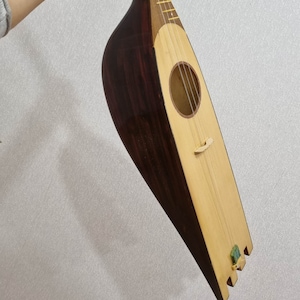 Peut inclure: Un ukulélé en bois avec un dos brun foncé et un devant en bois clair. L'ukulélé a un trou sonore et une seule corde.