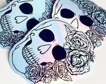 Holographic Skull Sticker - Goth Sticker - Floral Skull - Dark Aesthetic Sticker - Girly Goth
