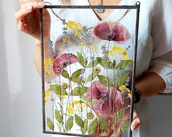 Pressed flower frame large, cottagecore decor wall hanging, stained glass frame, flower preservation home decor wall art gift for mom