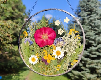 Pressed flower art. Dried flower art. Herbarium frame. Pressed flower frame Botanical handmade decor Stained glass frame Suncatcher gifts