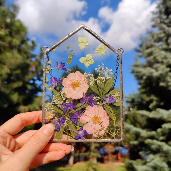 Herbarium frame Suncatcher pressed flower art Dried flower art Pressed flower frame unique gift Botanical wall art Stained glass frame