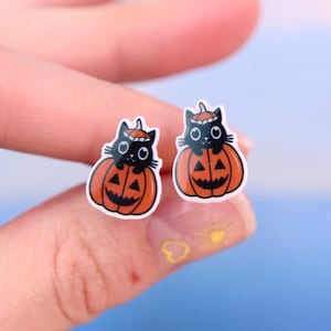 Brincos de gato em abóbora, brincos de Jack O Lantern, brincos de gato preto, presente de Halloween para crianças, brincos de bruxa, brincos de outono