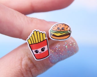 Mismatched Earrings, Cheeseburger Studs, Fast Food Stud Earrings, Food Lover Gift, French Fries Earrings, Gift For Friends, Food Earrings