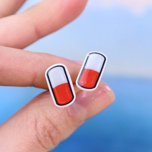 Pill Capsule Stud Earrings, Doctor Gift, Pharmacy Earrings, Red Pill Jewelry, Medicine Earrings, Chill Pill Earrings, Pill Tablet Studs