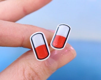Pill Capsule Stud Earrings, Doctor Gift, Pharmacy Earrings, Red Pill Jewelry, Medicine Earrings, Chill Pill Earrings, Pill Tablet Studs