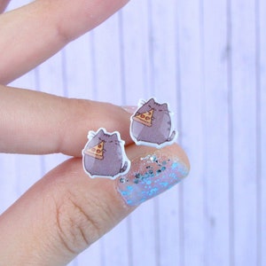 Cat With Pizza Stud Earrings, Kids Birthday Gift, Cute Kitty Earrings