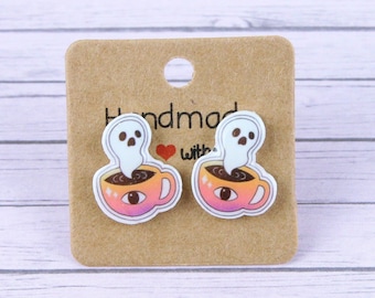 Coffee Ghost Stud Earrings, Kawaii Pink Halloween Studs, Sleepy Ghost Earrings