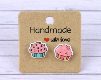 Handmade Mismatched Cupcake Stud Earrings: Kawaii Acrylic Resin Jewelry