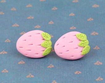 Pink Strawberry Stud Earrings, Cottagecore Jewelry, Berry Fruit Earrings