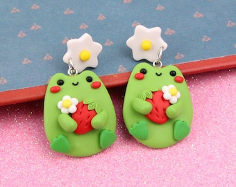 Frog With Strawberry Dangle Earrings, Goblincore Jewelry, Spring Froggy Earrings