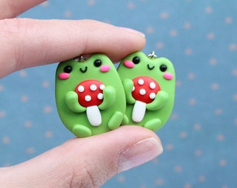 Frog With Mushroom Earrings, Goblincore Style Jewelry, Toadstool Earrings, Froggy Necklace, Kids Birthday Gift, Cottagecore Frog Keychain