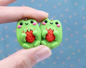 Frog with Strawberry Earrings: Handmade Polymer Clay Goblincore Jewelry