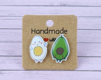 Egg and Avocado Stud Earrings, Funny Kids Studs, Mismatched Earrings
