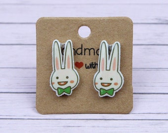 Rabbit With Bow Stud Earrings, Funny Kids Earrings, Easter Bunny Earrings, Cartoon Bunny Studs, Easter Earrings
